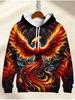 [Printed Design- Not Textured] Men'S 3D Flame Phoenix Hoodie - Vibrant Long Sleeve Casual Sweatshirt with Drawstring Pocket, Polyester, Ideal for