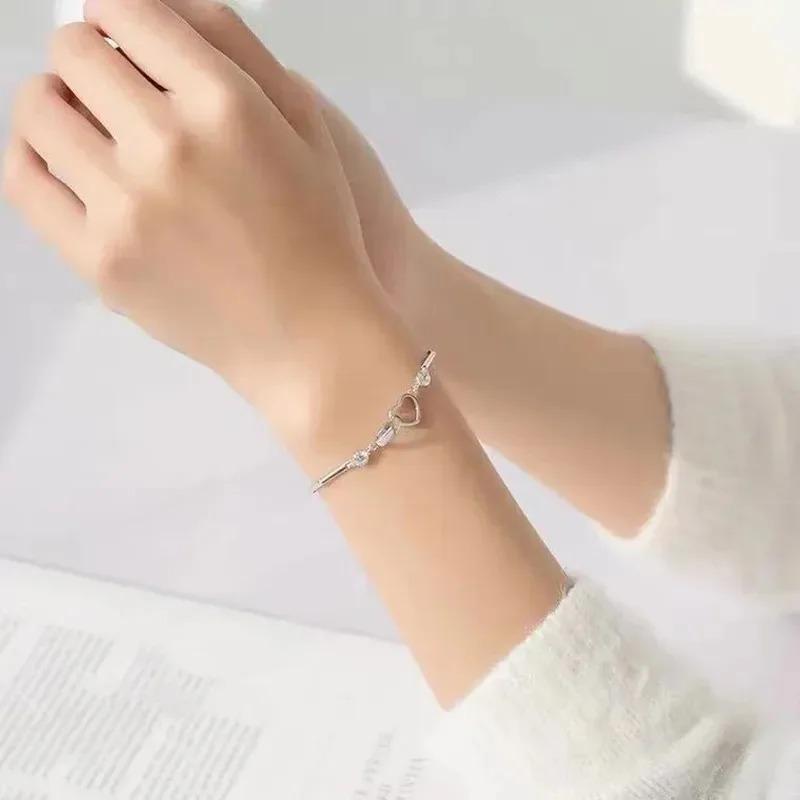 925 Silver Double Heart Charms Bracelet for Women New Arrival Geometric Zircon Adjustable Bracelet Exquisite Jewelry