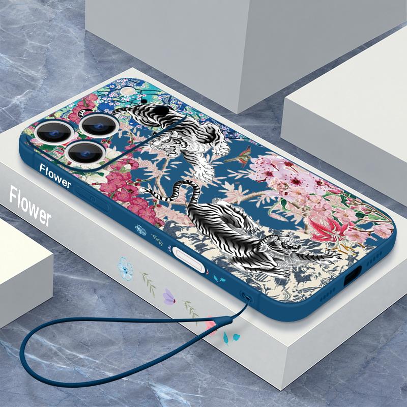 Lanyard Case For iPhone 17 Pro Max Black White Rose Flowers Soft TPU Silicone Phone Cover For iPhone 16 15 14 13 Pro Max 17E