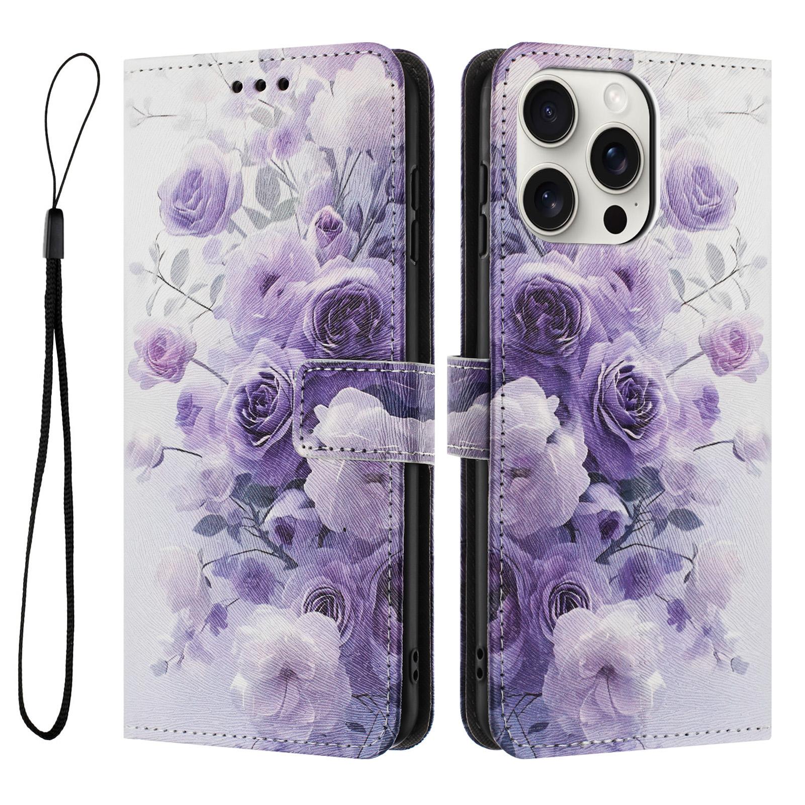 

YX-2501 For iPhone 14 Pro Max Case Pattern Printing PU Leather Wallet Phone Cover with Lanyard Purple Rose