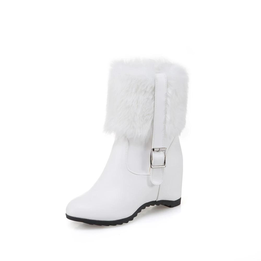 Ladies Height Increasing Fur Ankle Boots Daily Concise Boots Buckle Women High Heels Shoes Female Winter Botas Mujer White Black