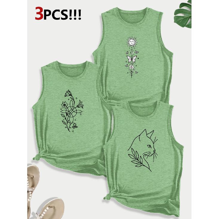 Sunflower Cat Line Art Combination Gift Print Pattern Round Neck3Pack of Sleeveless Vests for Women In Spring, Summer, and Autumn