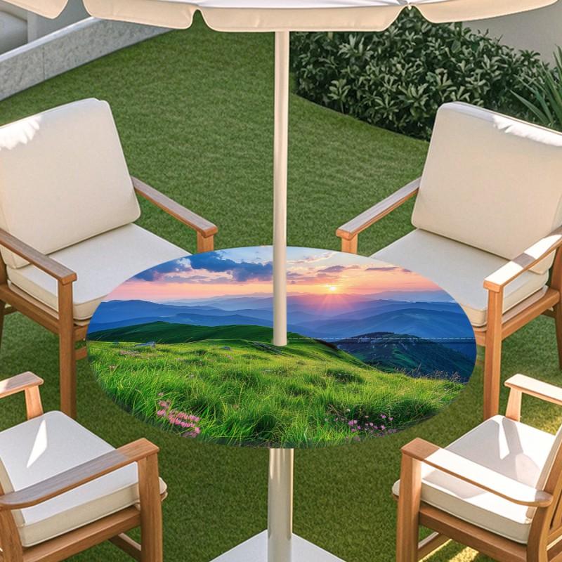 Outdoor Round Table Cover With Nature Print Waterproof Elastic Hem Patio Garden Deck