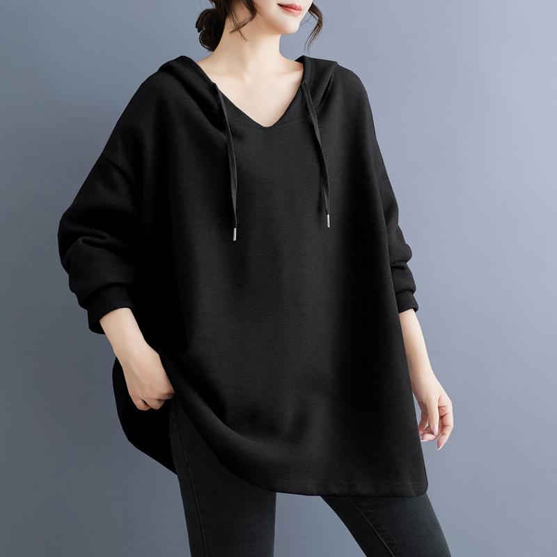 

Женская толстовка с капюшоном большого размера в корейском стиле на осень/зиму - Утягивающий верх из флиса One Size чёрный