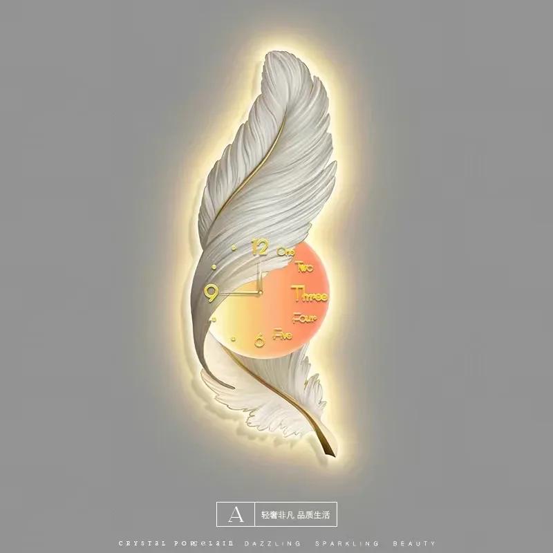 Wall Clock Large Luxury Art Clocks Decor Picture Silent Living Room Wall Feather Decoration Watch Renoj De Pare Home DecorP4M5U3