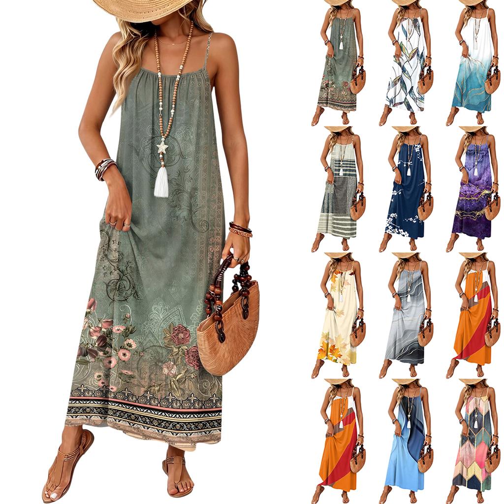 Women Sleeveless Maxi Dress Spaghetti Strap Floral Geometric Print Long Dress Casual Summer Vacation Beachwear
