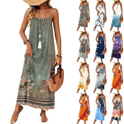 Women Sleeveless Maxi Dress Spaghetti Strap Floral Geometric Print Long Dress Casual Summer Vacation Beachwear