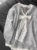 Jian Manni 2024 Lace Bow Patchwork Loose Sweater Women's Sweet Knit Top Winter