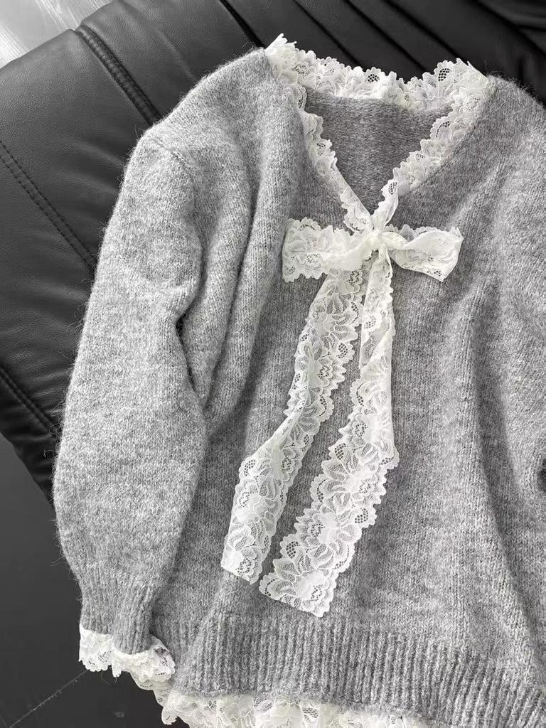 Jian Manni 2024 Lace Bow Patchwork Loose Sweater Women's Sweet Knit Top Winter