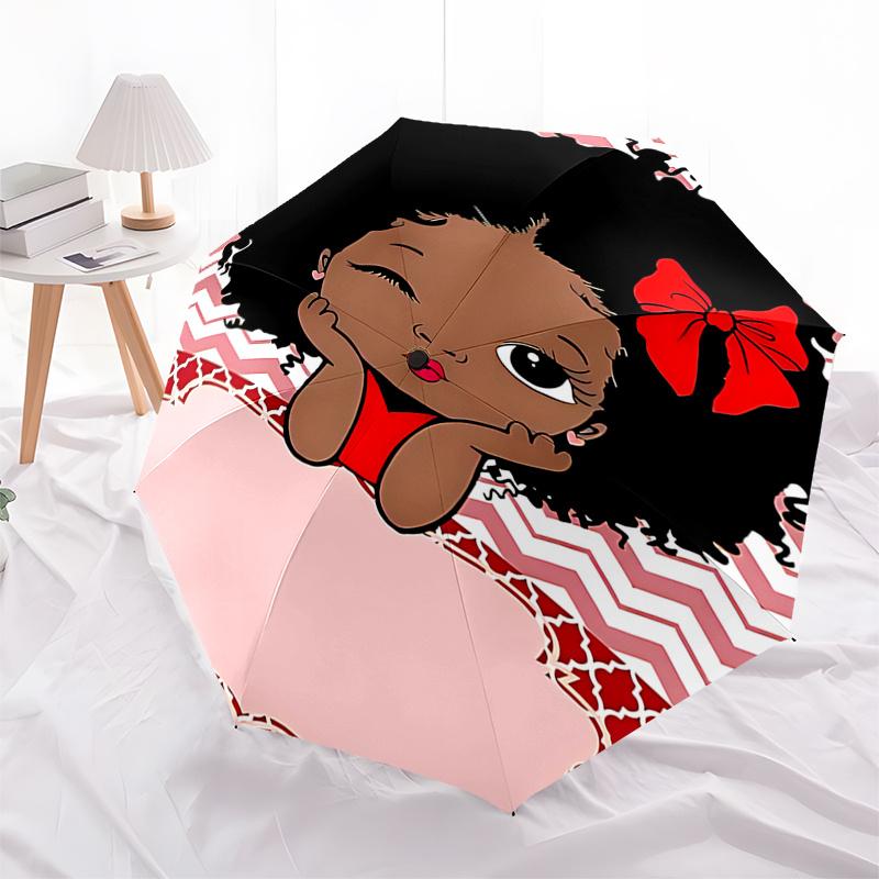 

Red Bow Afro Girl Mafalda Design Auto Open Close Umbrella Portable 3 Fold Design with 8 Bone Iron Frame,Perfect Festival Gift for Fans an