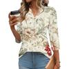 Women's Fashionable Casual Retro Floral V-Neck Decorative Button Three-Quarter Sleeve T-Shirt Top