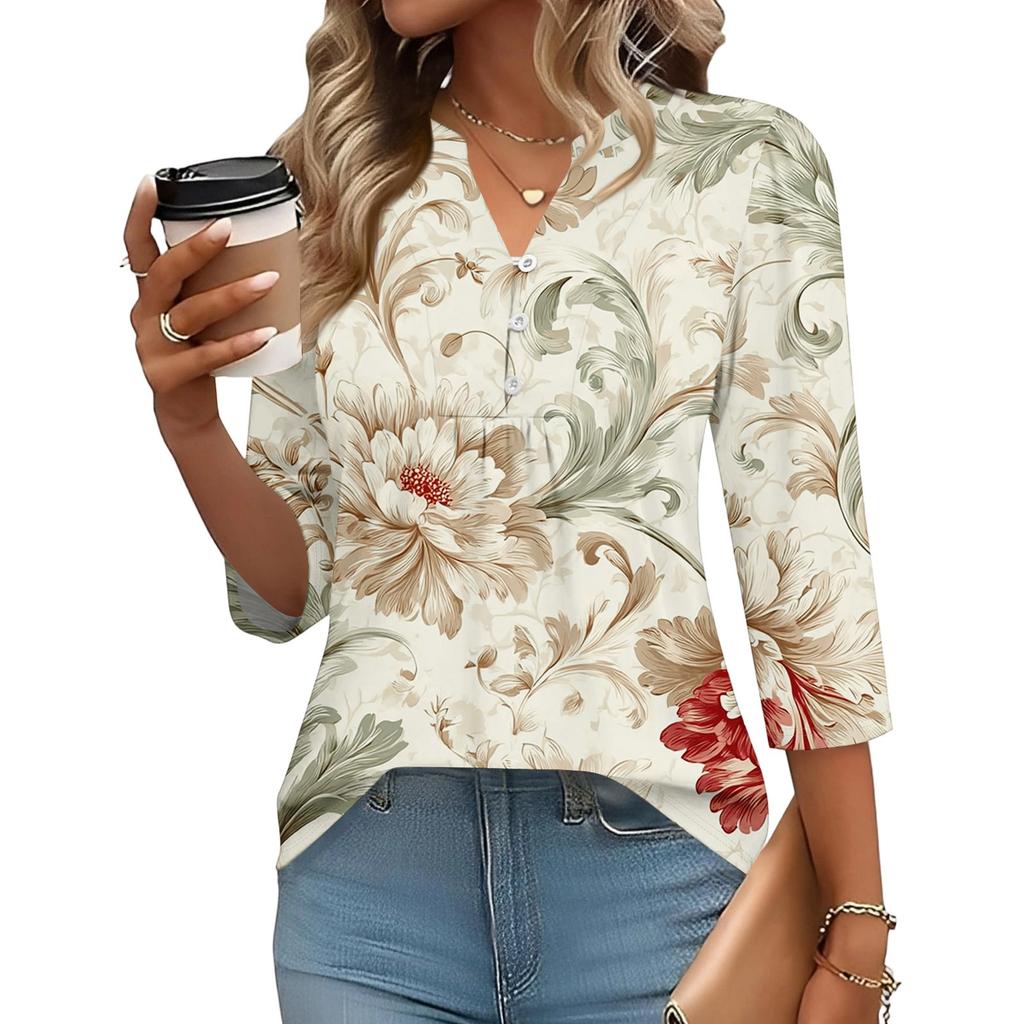 Women's Fashionable Casual Retro Floral V-Neck Decorative Button Three-Quarter Sleeve T-Shirt Top