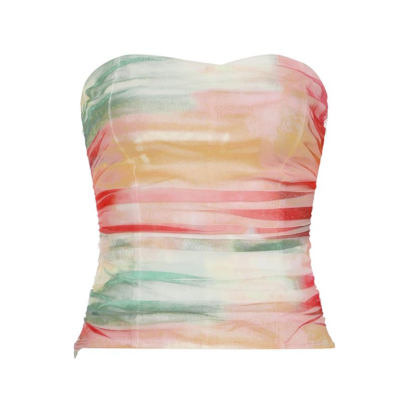 

H Home European and American Women s Clothing Colorful Blooming Gradient Color Mesh Girdle Tube Top Sexy Sexy Sleeveless Corset Summer Flower color S