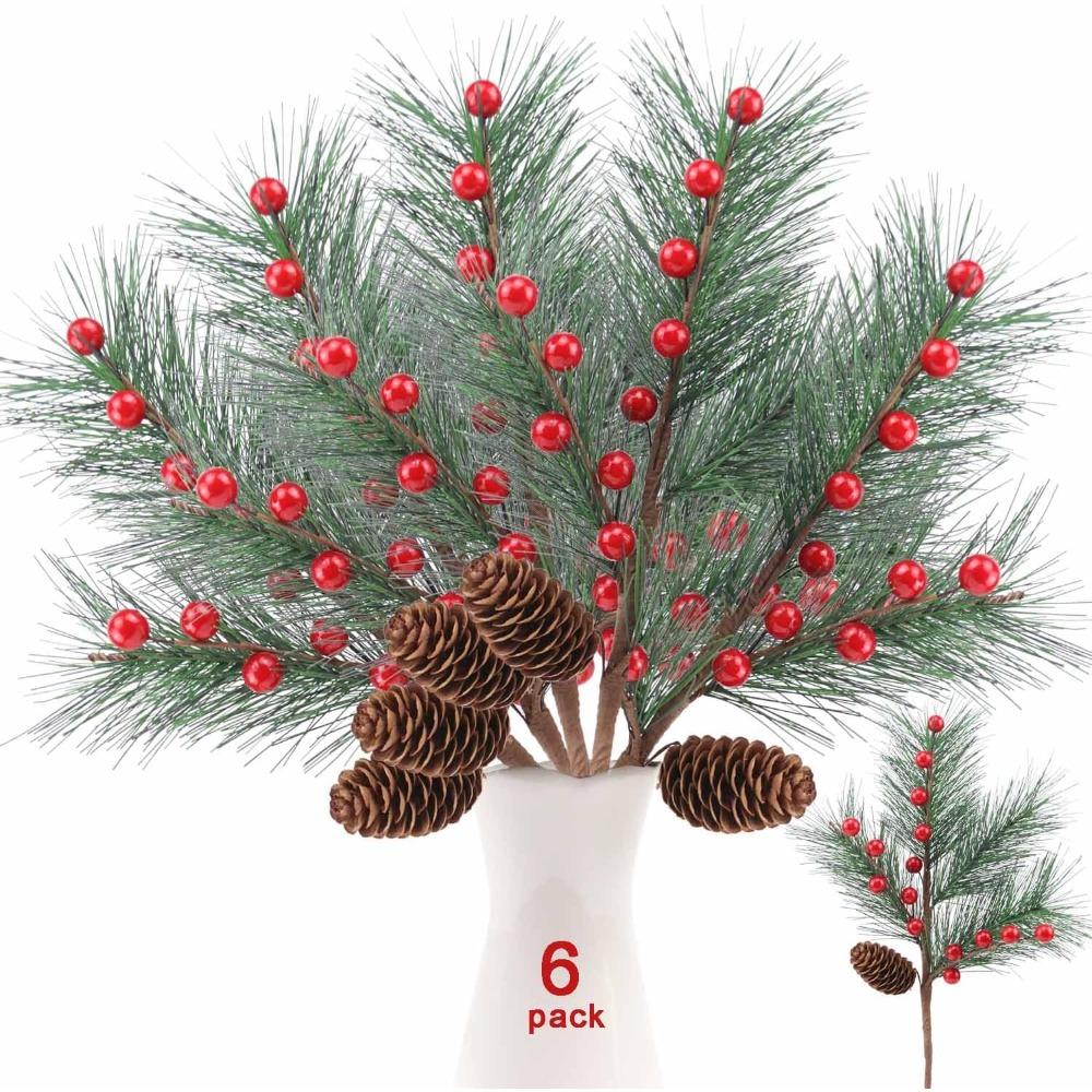 Christmas Berries Pine Picks Christmas Flowers Artificial Red Berry Pine Branches Long Faux Pine Stems with Pinecones for Xmas Tree Floral Arrangement