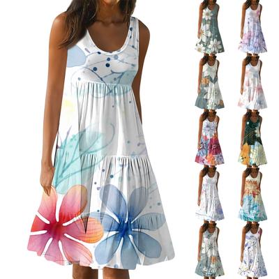 Women's Vest Dresses Summer Spring Pleated Bohemian Dresses Cute Sleeveless Flowing Beach Straight T-Shirt Tank Dresses Round Neck Dresses