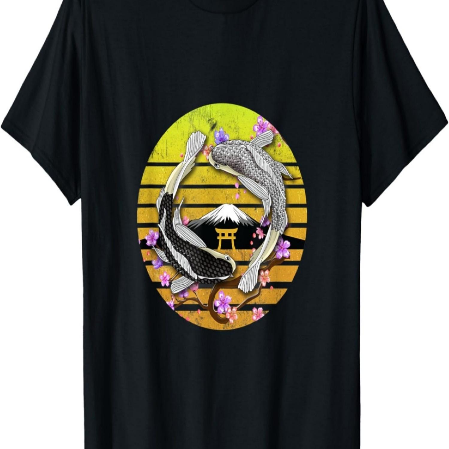 Koi Fish Aesthetic Cherry Blossom Mount Fuji Womens T-Shirt S чёрный