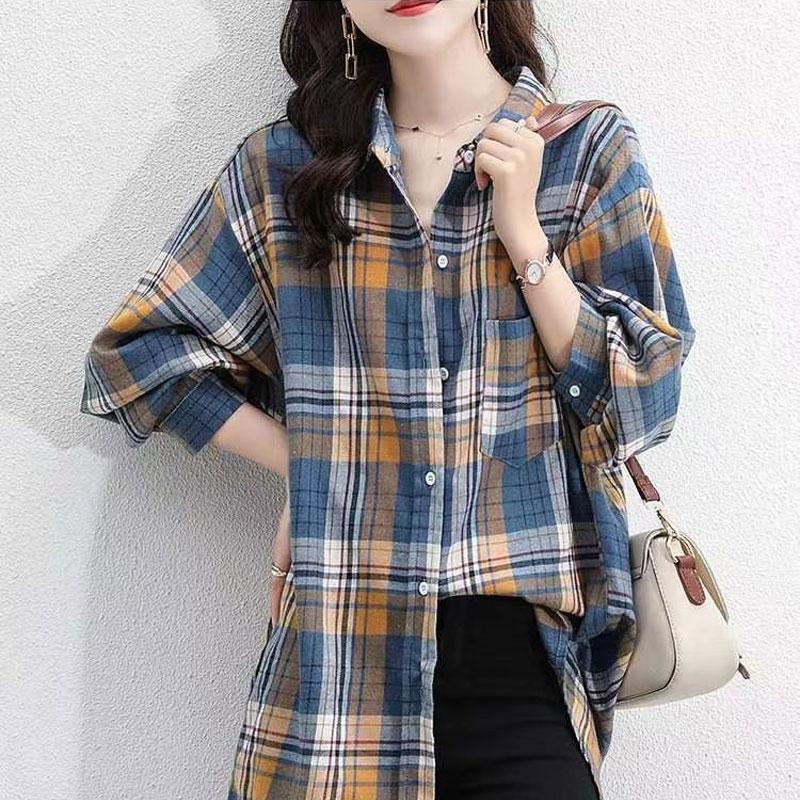 Spring Autumn Korean Plaid Loose Blouse Commute Single-breasted Women's Clothing Turn-down Collar Casual Pockets Spliced Shirt