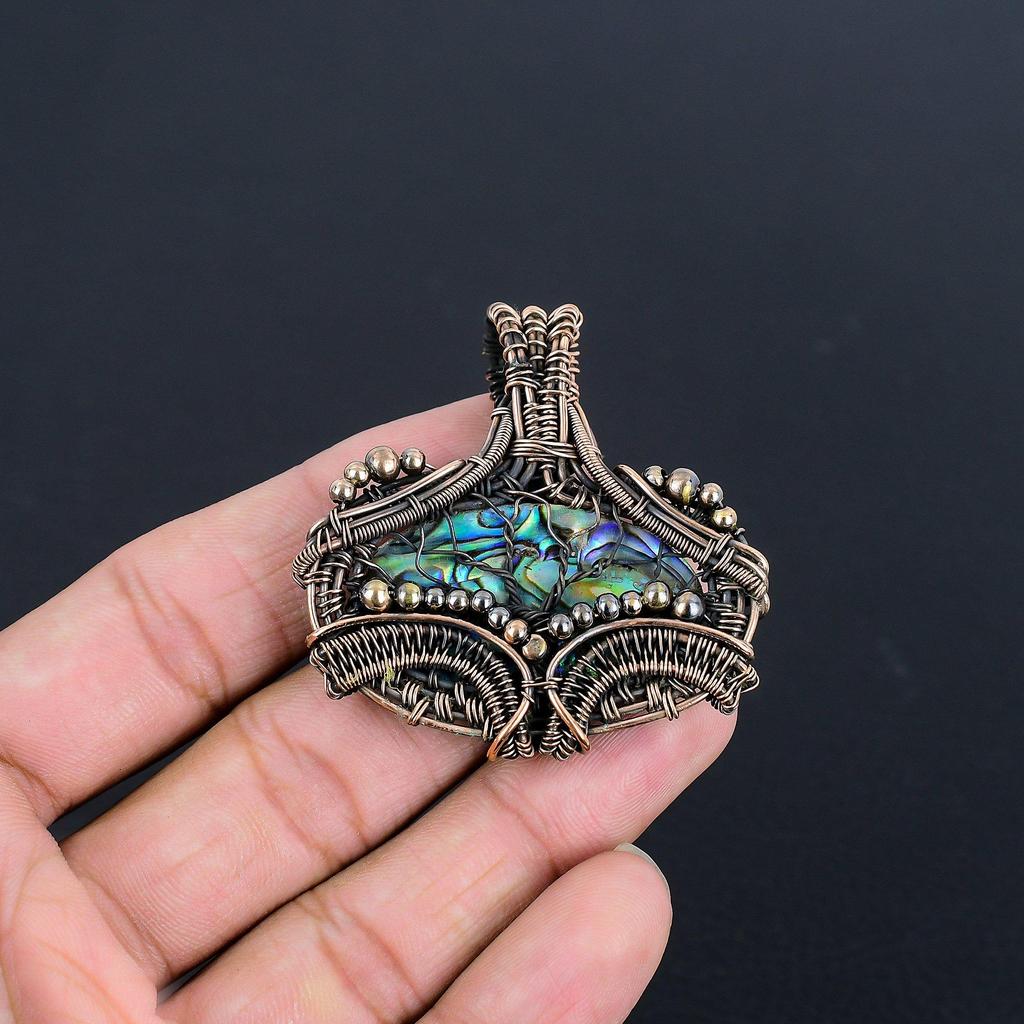 Abalone Shell 999 Copper Wire Wrapped Pendant, Handmade Gemstone Pendant Jewelry, Gifts For Wife Brand New Pendant