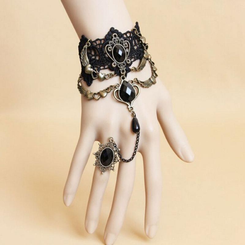 Nueva y elegante pulsera de encaje estilo gótico con rosa roja y anillo ajustable.