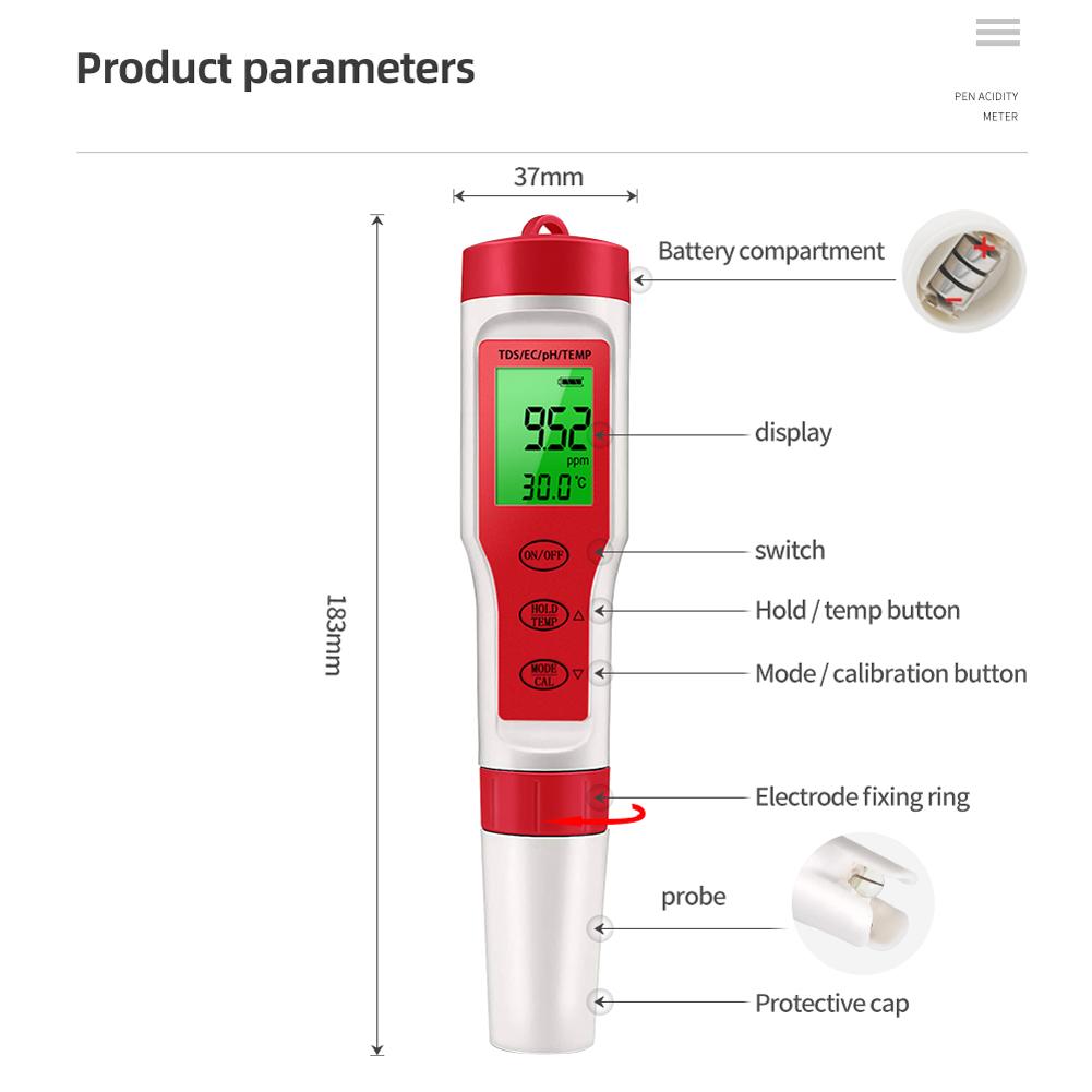PEZ9908 Tester portabil pentru calitatea apei 4 în 1 PH Temperatura totală a solidelor dizolvate EC