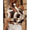 IHUASU Herbst Winter Langarm Kette Neckholder Print Knopfverziertes Oberteil Damen