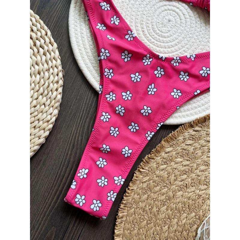 Flowers Printed Halter High Leg Cut Bikini Female Swimsuit Women Swimwear Two-pieces Bikini Set Bather Bathing Suit Swim