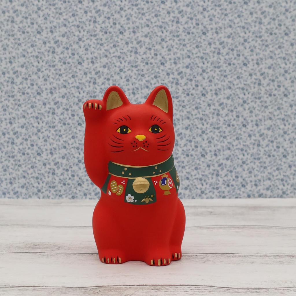 Yakushi Kiln Fukuzukushi Glückskatze Maneki-neko (Rot, Klein) (mit Aufkleber)