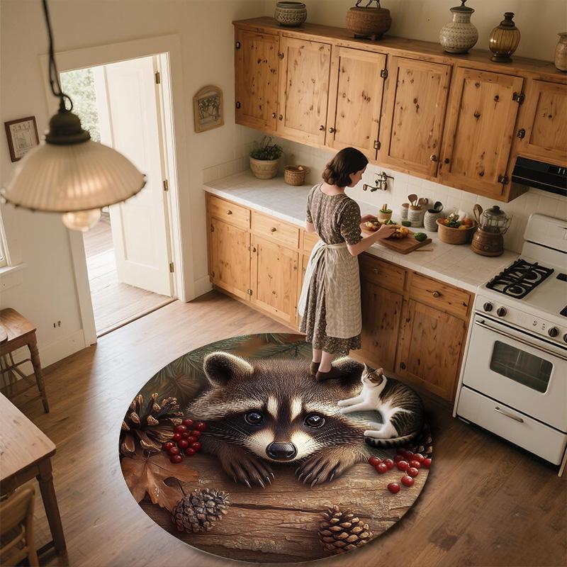 Vintage Raccoon,Round Area Rug,Carpet Rug for Living Room Bedroom Sofa Playroom Decor,Non-slip Floor Mat