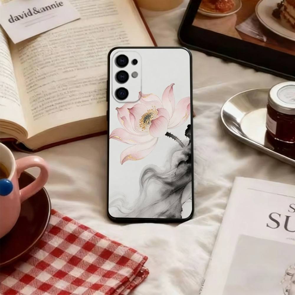 Chinese Ink Lotus Phone Case For Samsung S25,S24,S21,S22,S23,S30,Ultra,S20,Plus,Fe,Lite,Note,10,Black Cover