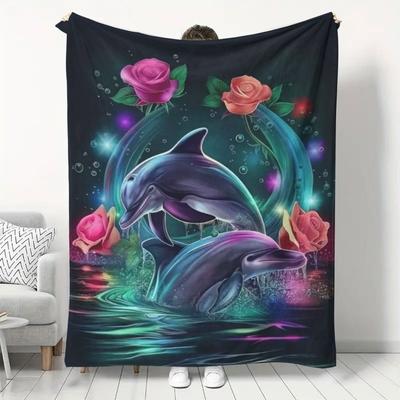 Contemporary Reversible Dolphin Print Flannel Throw Blanket, Soft Cozy All-Season Knitted Polyester Fleece, Digital Print, with Special Features, for 