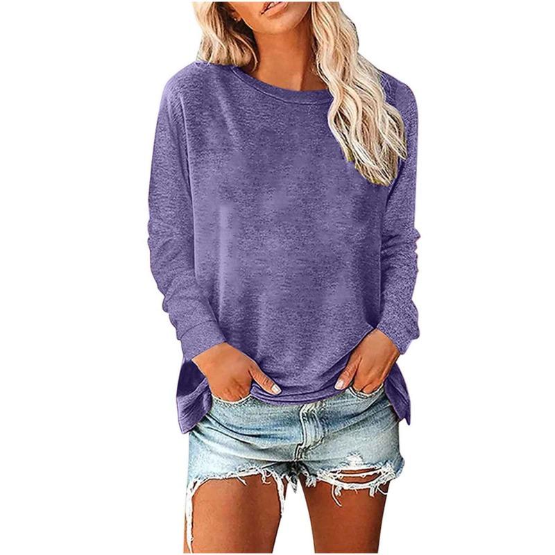 JPNTKY Women's Fashion Casual Solid Color Print O-Neck Long Sleeve Blouses & Shirts