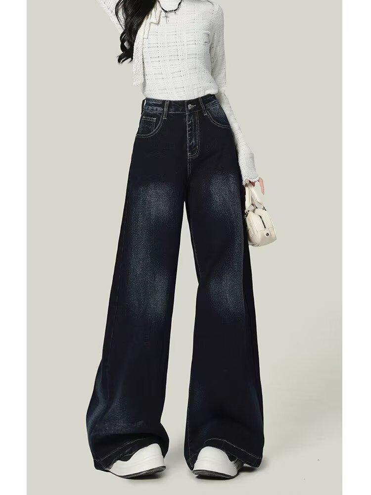 Women s 2025 Autumn Blue-Gray Pear-Shaped Wide-Leg High-Waisted Jeans: New Loose, Drapey, Floor-Length Pants 3XL сине серый