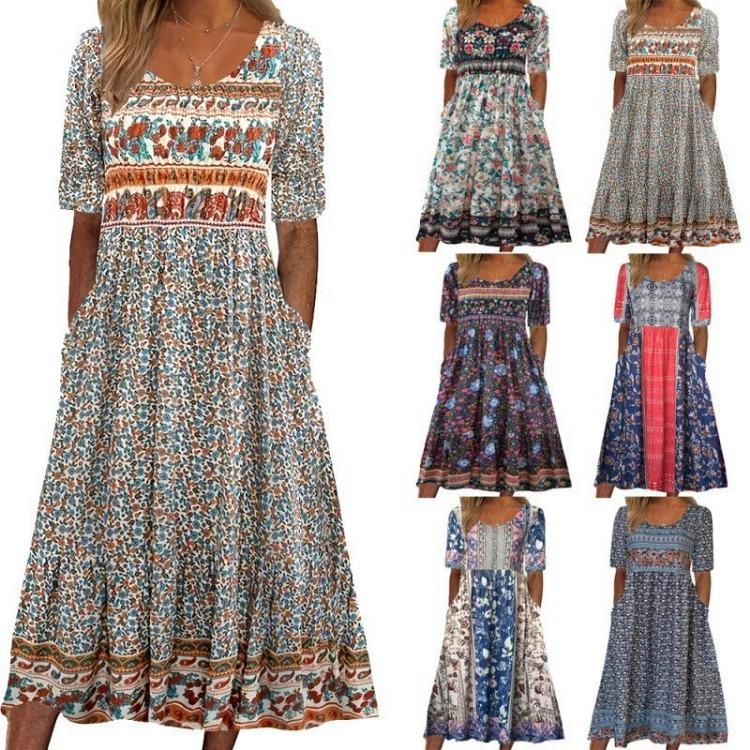 New Women's Bohemian Print Summer Dress Retro Round Neck Short Sleeve Long Skirt Cool Dress