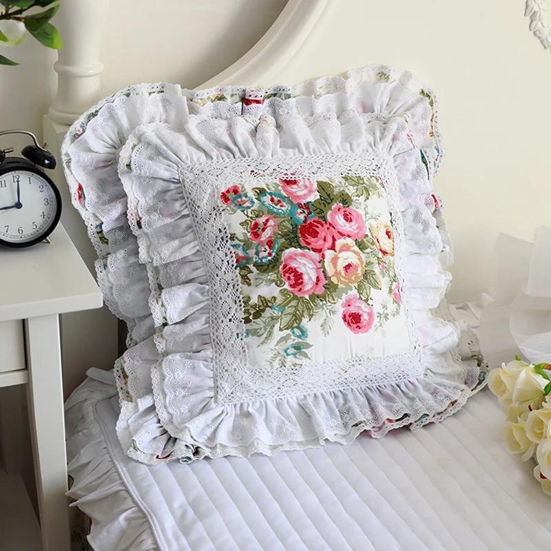 Luxury Embroidery Cushion Cover Ruffle Lace Wrinkle Pillow Cover Cake Layers Princess Bedding Pillowcase 45x45cm