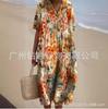New Loose Casual Comfortable V-neck Digital Printing Pleated Large Version Dress
