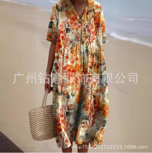 New Loose Casual Comfortable V-neck Digital Printing Pleated Large Version Dress