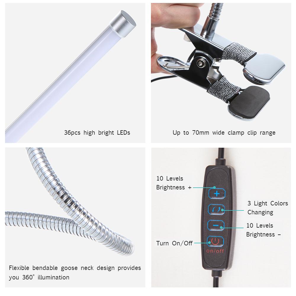 DC5V 10W 36 LED Clamp Clip Desk Lamp USB/3 Color Temperature/Dimmable/Flexible Bendable Goose Neck/Adjustable Illumination Angle