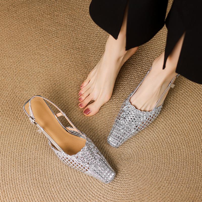 French niche design sense woven square head hollow bag head sandals women's skirt summer green vacation sandals