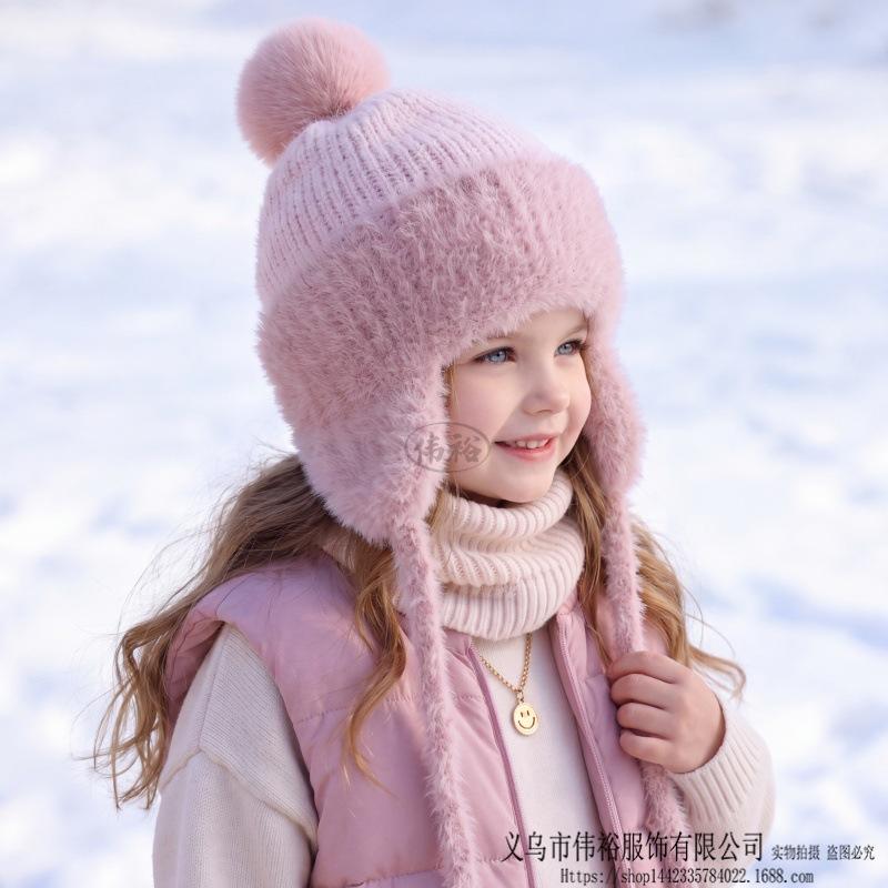 Ensemble Tricot Chaud d'Hiver pour Enfants Bonnet à Pompon Écharpe Gants Ensemble 3 Pièces Ou Bonnet Seul Coupe-Vent Protection Oreilles Pour Garçons Filles Temps Froid Extérieur