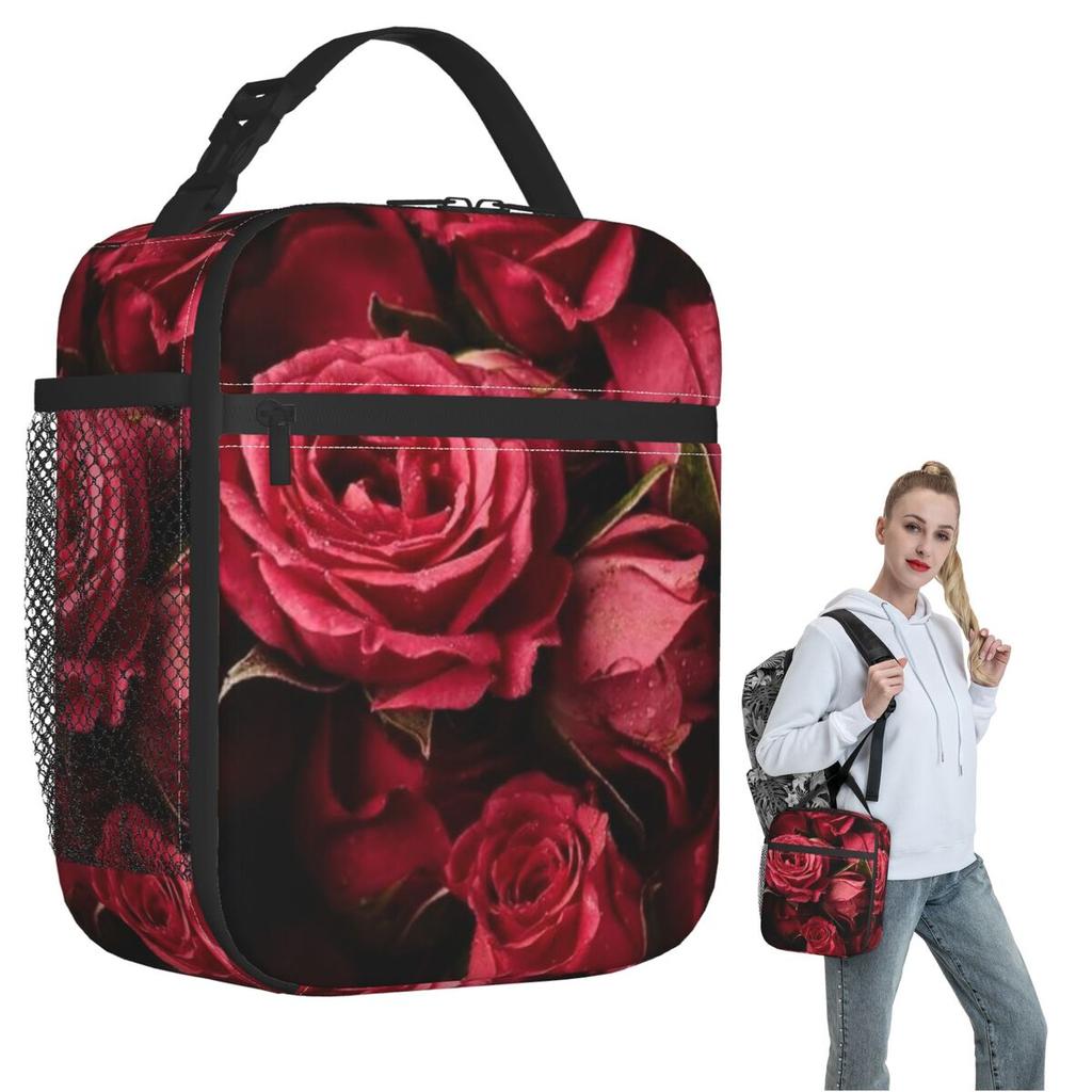 Red Rose Floral Design Insulated Lunch Bag for Women Kids Leakproof Food Boxes Thermal Lunch Box Tote