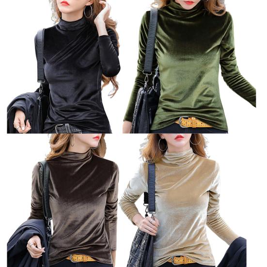 Half High Collar Long Sleeves Basic Top Women Autumn Winter Velvet Pure Color Bottoming Shirt