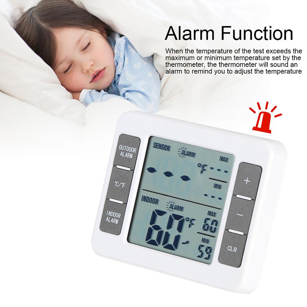 Refrigerator Thermometer with Alarm LCD Display Temperature Trend Indicator High and Low Records for Outdoor Indoor Temperature Sensor