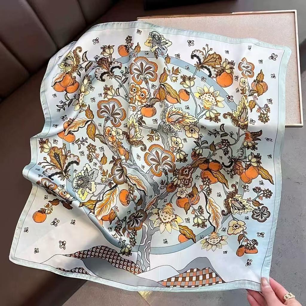 70Cm Luxury Floral Print Silk Square Scarf For Women Soft Satin Kerchief Hair Band Female Headband Hands Bag Ribbions Head Hijab