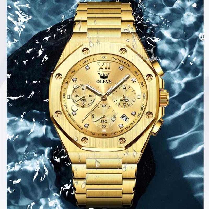 OLEVS Quartz Men Watch Multifunctional Luxury Wristwatch Diamonds Gold Stainless Steel Waterproof Clock