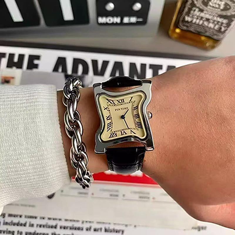 Y2K Goldene Uhren Retro Herren-Quarz-Armbanduhr Quadratische Schmelzende Uhr Römische Ziffern Stundenmarkierungen Unregelmäßige Unisex-Uhr