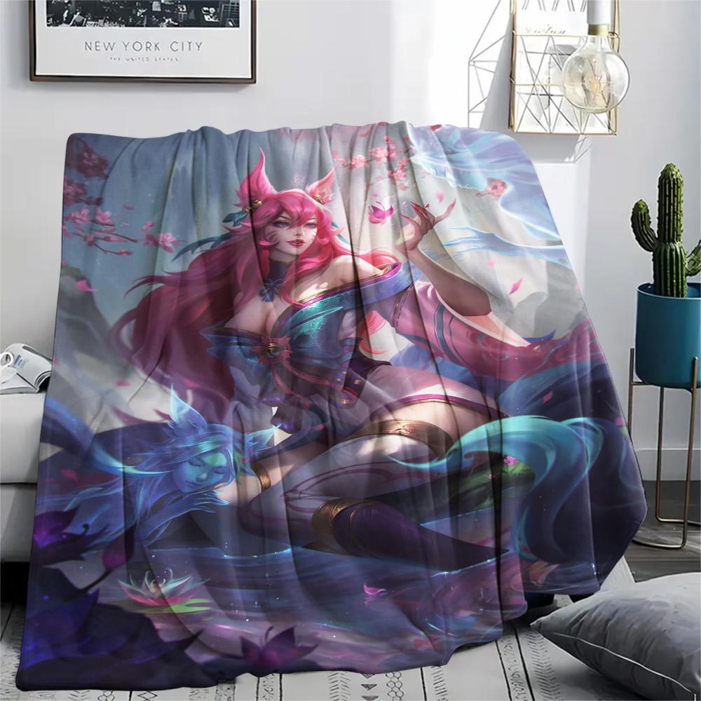 1Pc KDA Ahri Print Flannel Blanket, High Quality Comfortable for All Seasons, Home Decor, Warmth and Comfort, Perfect for Gifts