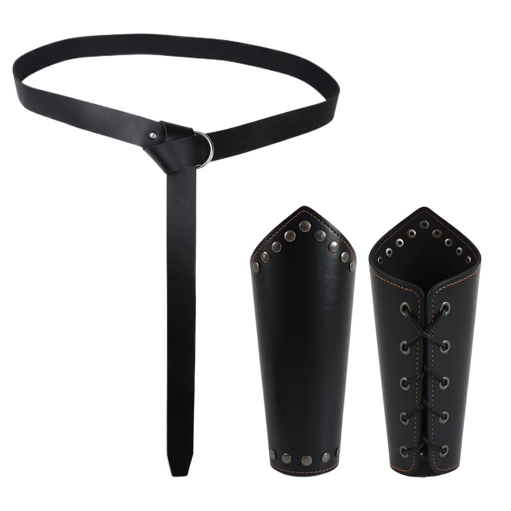 Men's Black PU Leather Medieval Suspenders Set Riveted Wristband Steampunk Belt Viking Warrior Style Role Playing Accessories