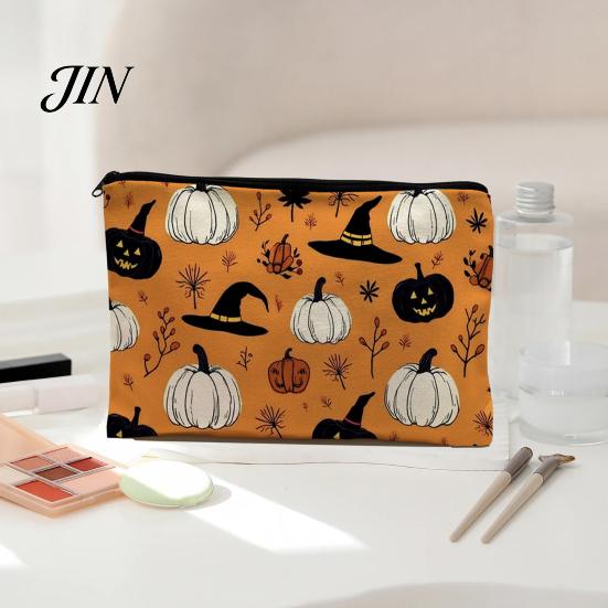 Festive Canvas Makeup Organizer Storage Bag, with Halloween Pumpkin Ghost Print, Smooth Portable Miscellaneous Item Bag Zipper for Travel Cosmetic