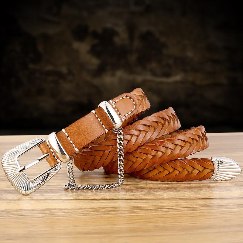 Not Picky Jd Leather Belt Women'S Hand-Woven Casual Decoration Cowhide Non-Punching Pin Buckle Belt Women