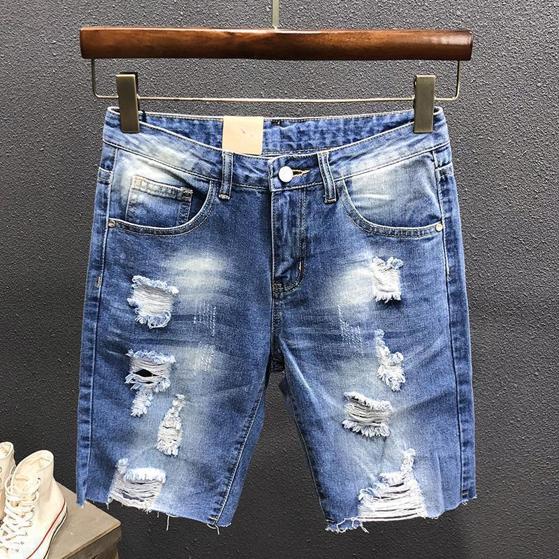 

Men s Ripped Denim Shorts, Korean Style Trendy Half-length Five-point Pants, Scuffed Personalized Fashion Knee-length Shorts, Thin Style 34